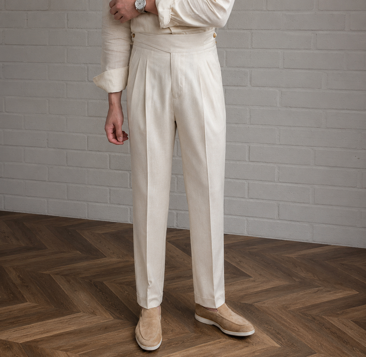 Cream Classic Double Button Gurkha Pant By Sartorio Nero