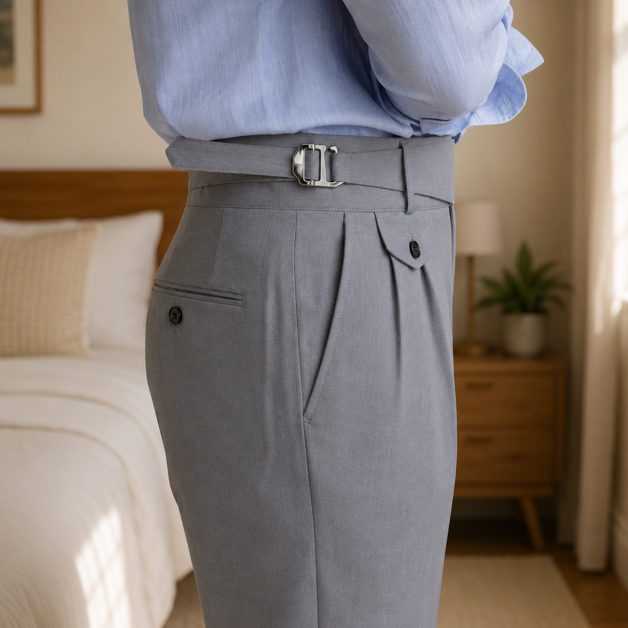 Light Ash Grey Right Front Side Adjuster Buckle Gurkha Pant By Sartorio Nero