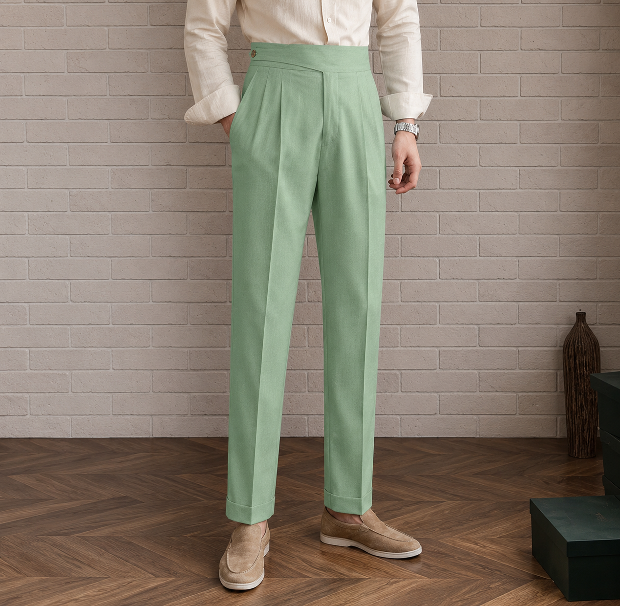Mint Green Classic Double Button Gurkha Pant By Sartorio Nero