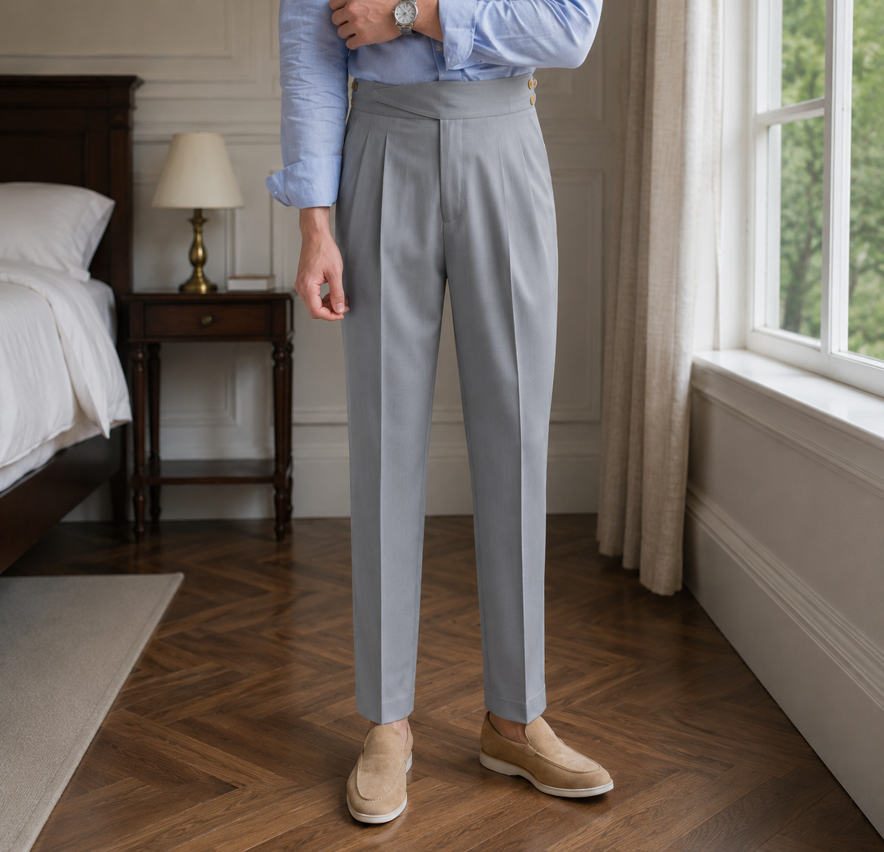 Light Ash Grey Classic Double Button Gurkha Pant By Sartorio Nero