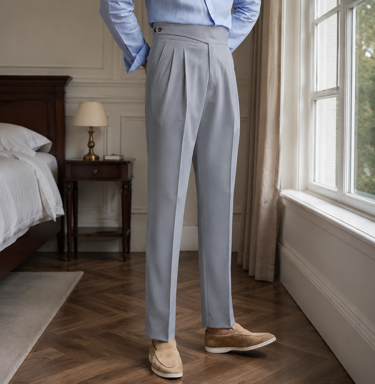 Light Ash Grey Classic Double Button Gurkha Pant By Sartorio Nero
